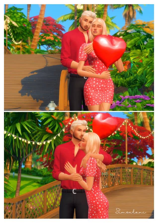 sim couple with red heart shaped balloon