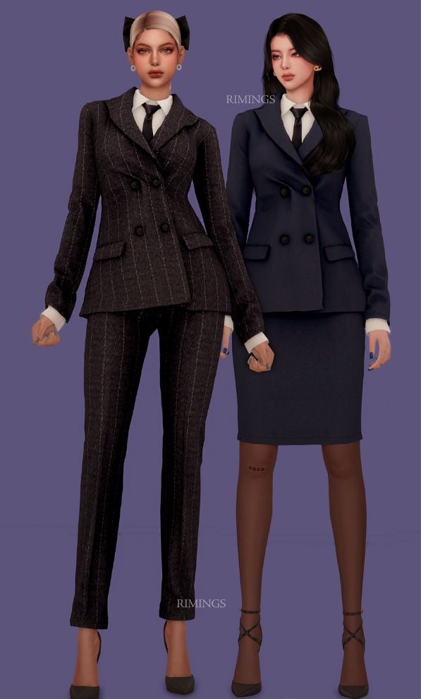 female sims wearing pant and skirt suit sets