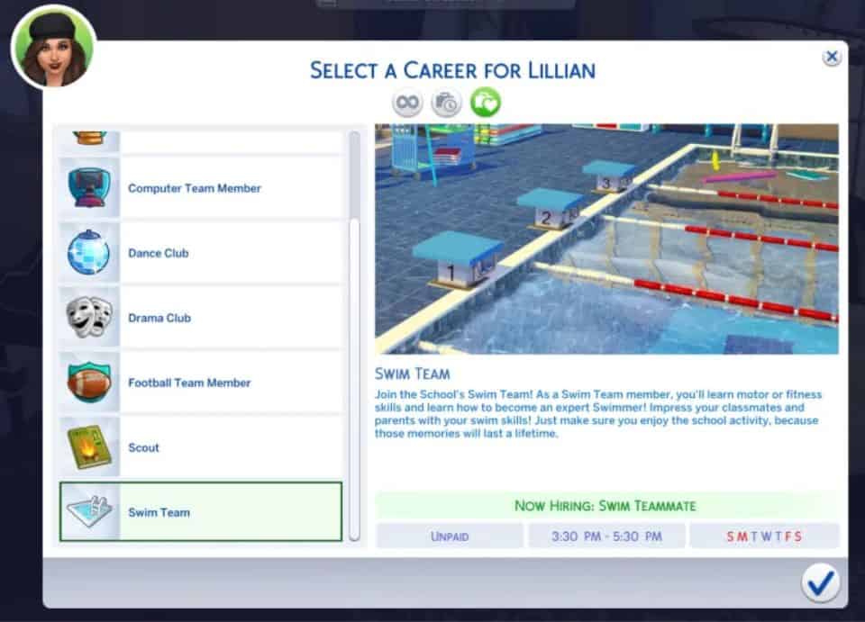 sim career menu for swim team