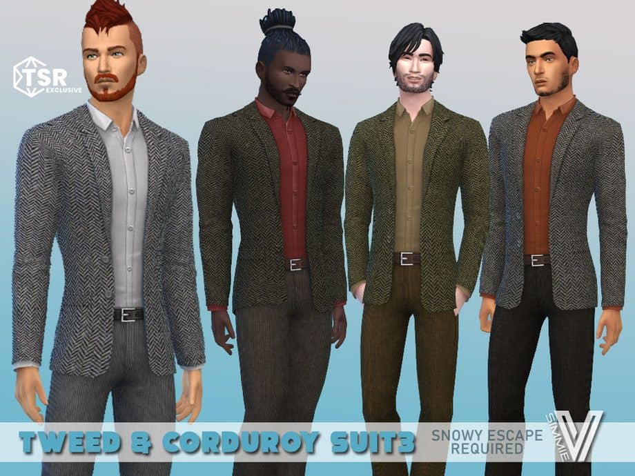 male sims wearing tweed and corduroy suits