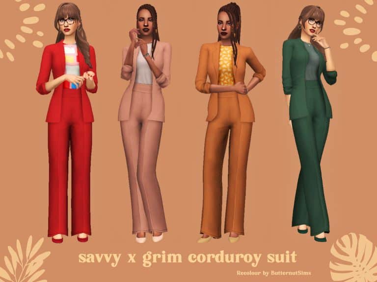 four female sims wearing a work-ready suits