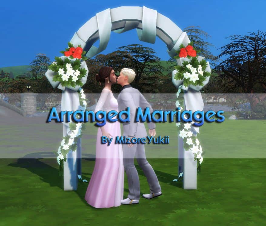 two sims kissing under wedding arch