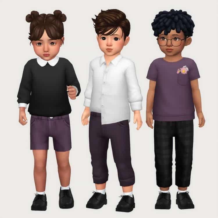 three toddler sims wearing more formal clothes