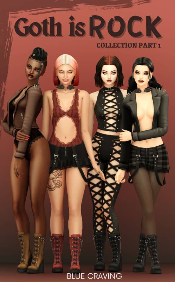 four female sims dressed in goth clothing