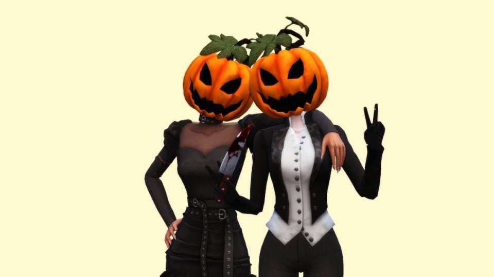 sims posing with pumpkin heads