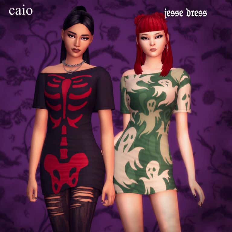 female sims wearing spooky skeleton and ghost dresses