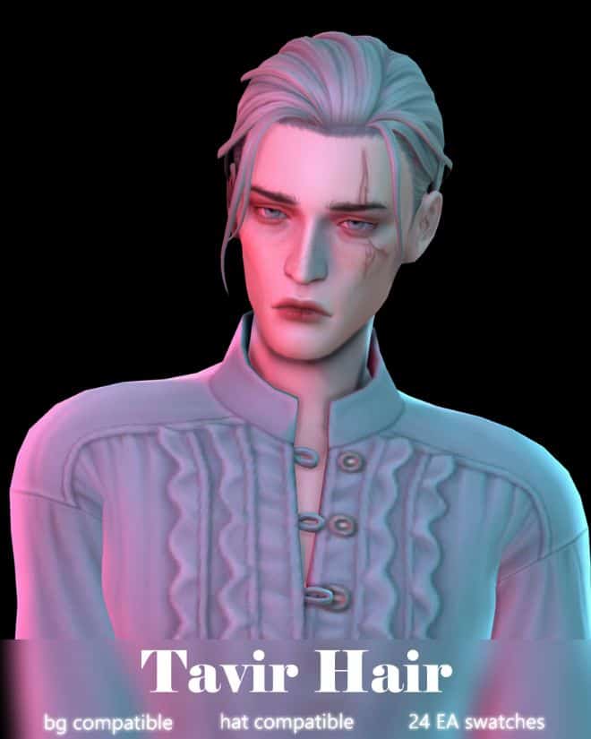 male sim with a pulled back hairstyle and loose strands over face