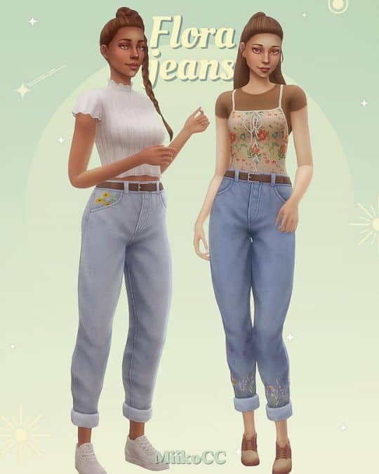 female sims wearing belted jeans with rolled hems