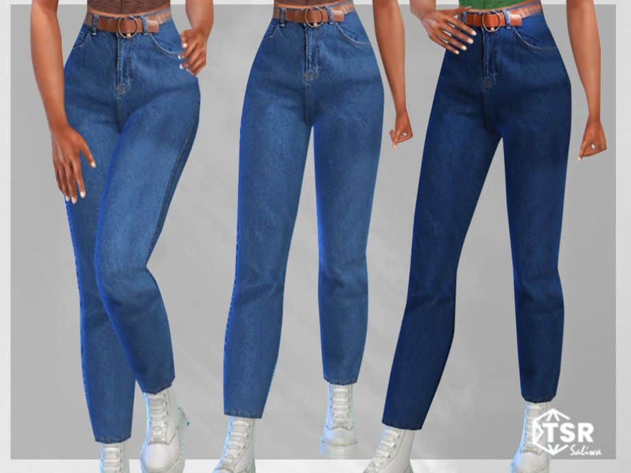 three pairs of belted blue jeans