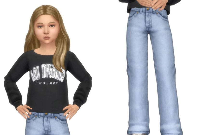 child sim dressed in black top and light blue jeans