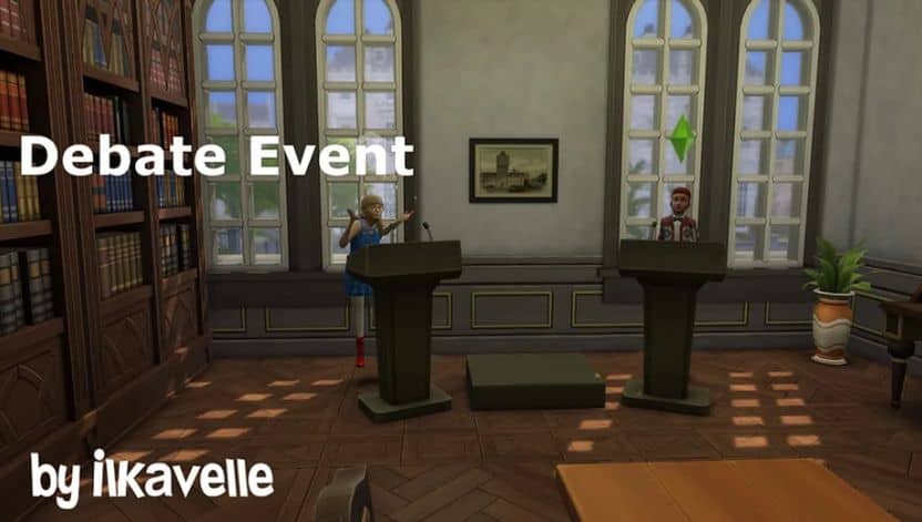 two sims debating in library