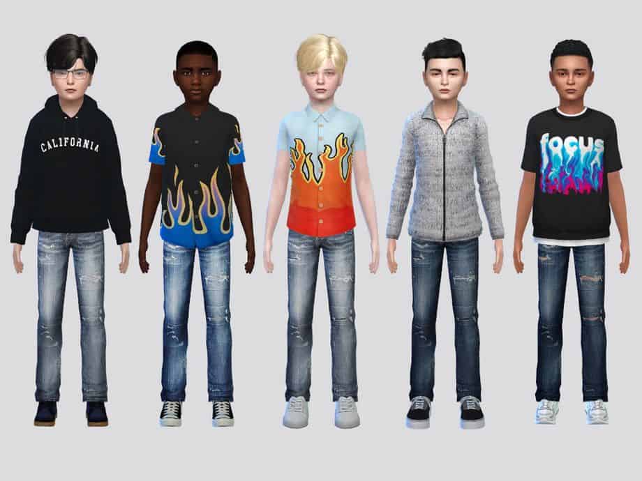 male sim children dressed in ripped blue jeans