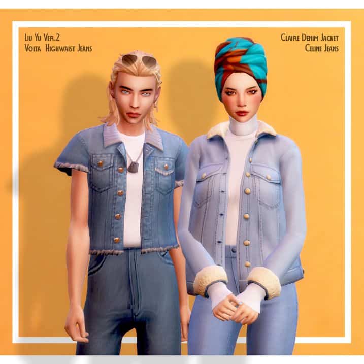 sim couple dressed in denim outfits