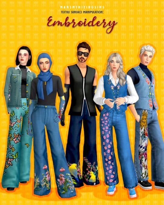 group of sims dressed in embroidered denim outfits