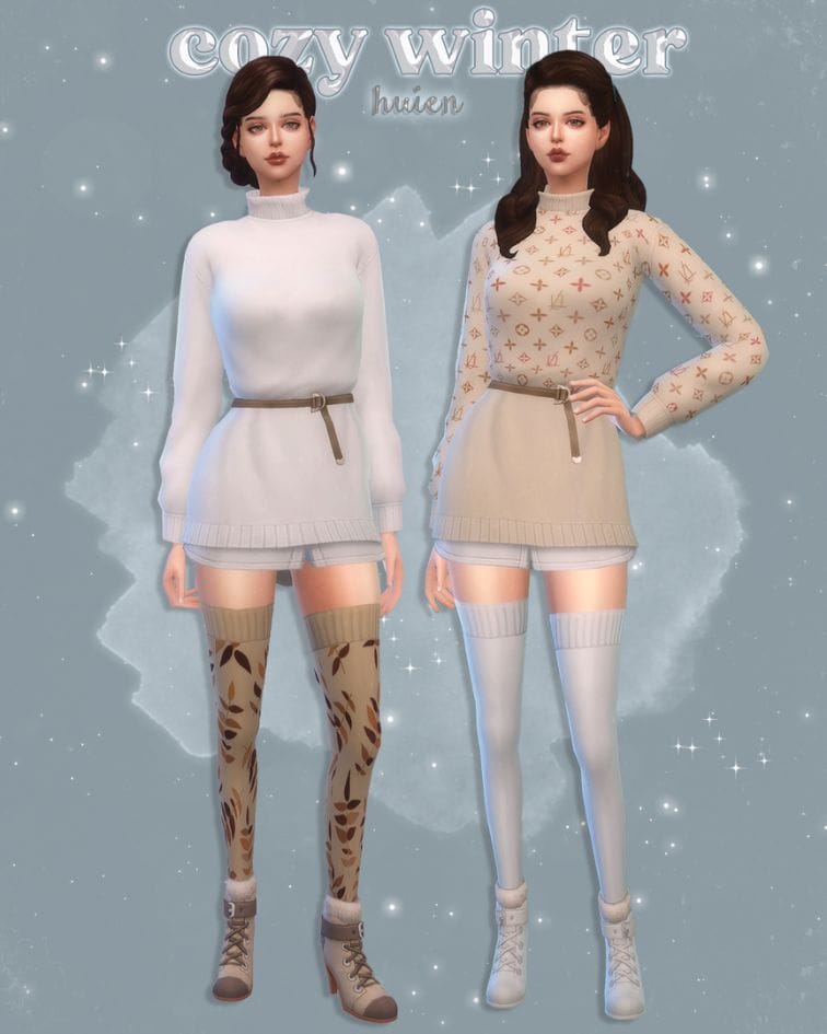 female sims dressed in stylish sweaters and tights