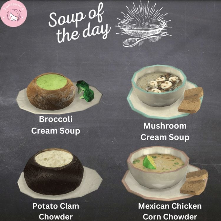 four soup bowls on chalkboard