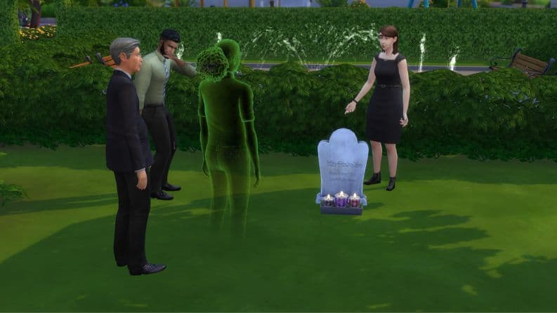 sims and ghost standing by grave