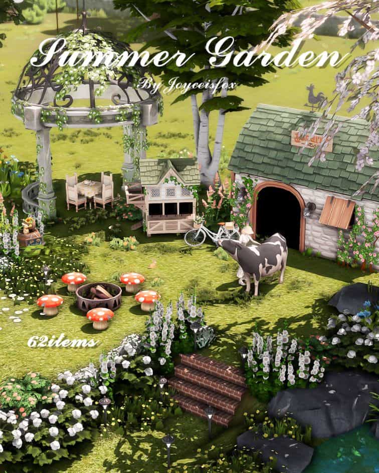 a lush summer garden with a cow