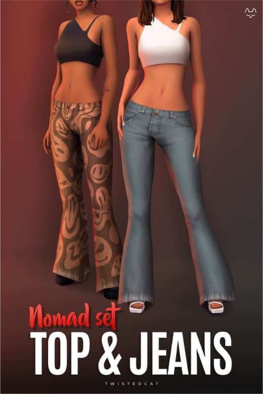 female sims dressed in crop tops and flared jeans