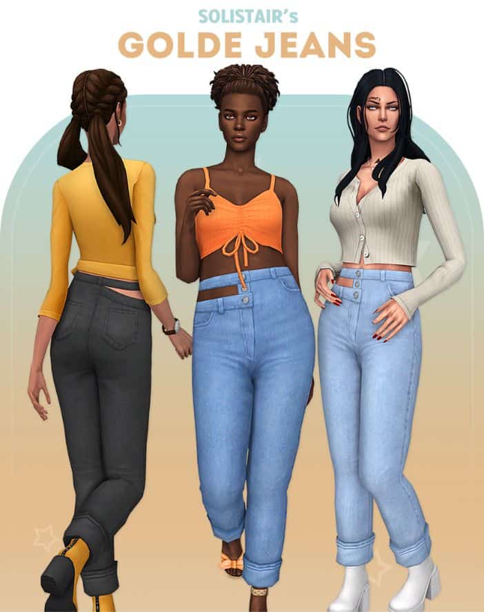 three female sims wearing buttoned jeans