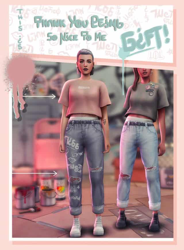 female sims dressed in jeans with tears and graphics