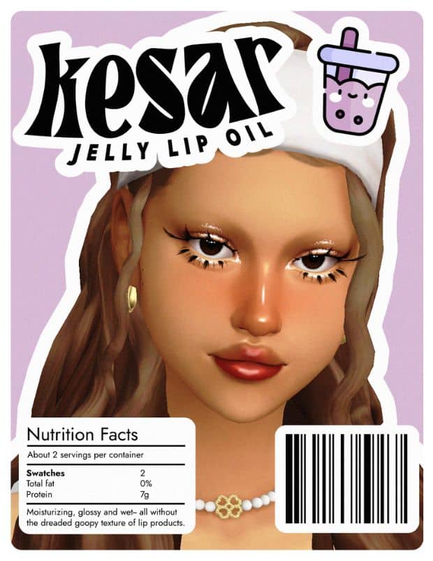 female sim with a lip oil on her lips