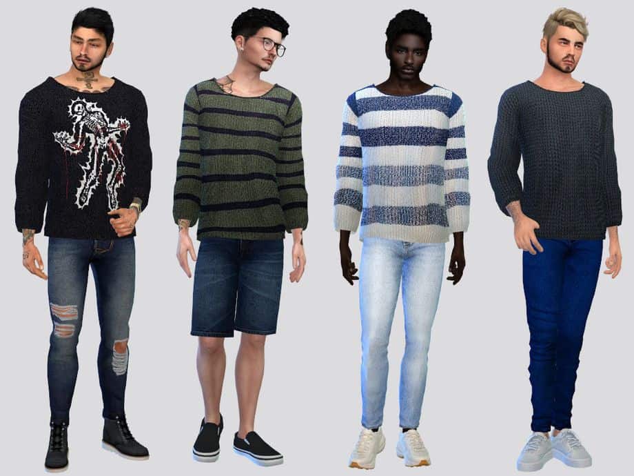 male sims modeling 4 different sweaters