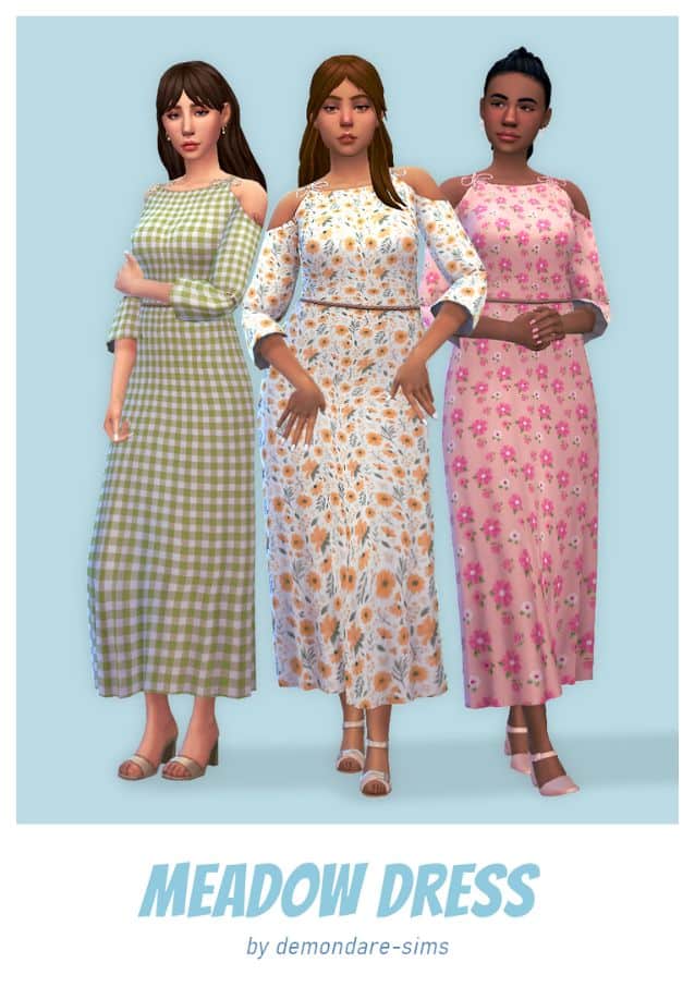 female sims wearing low cottage dresses