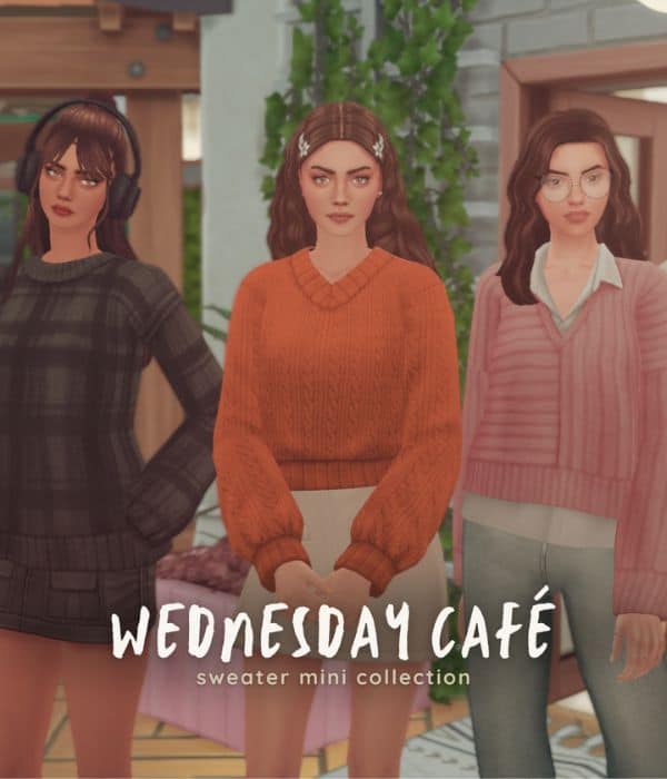 female sims wearing different styles of sweaters