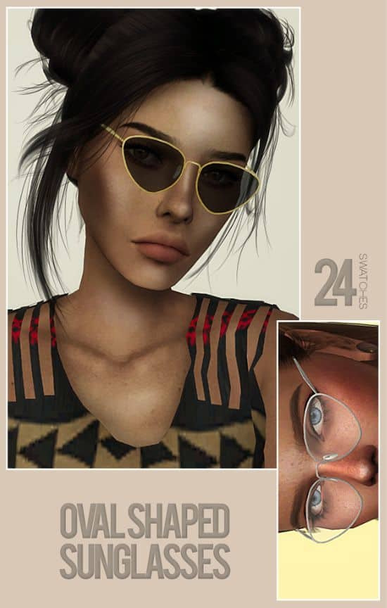 female sim with oval shaped sunglasses
