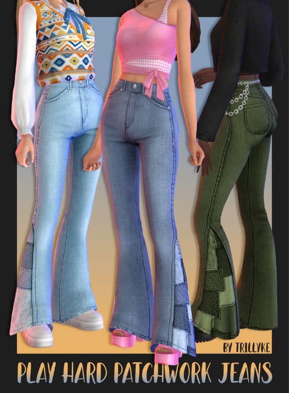 trio of female sims in patchwork jeans