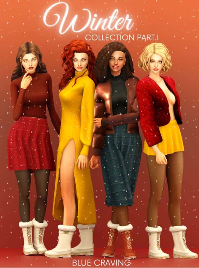 female sims modeling different winter pieces