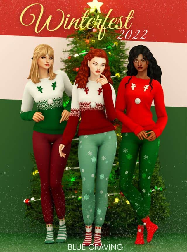 female sims dressed in fun festive winter sweaters