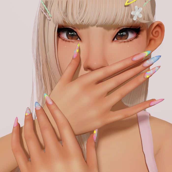 sim with pointed sunshine inspired nails