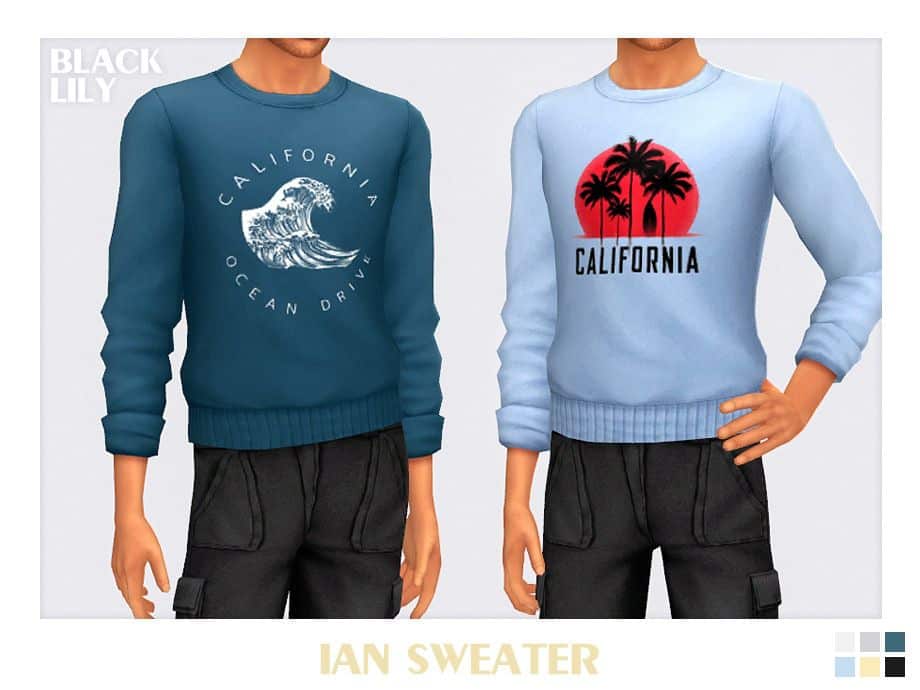 male sims wearing sweaters with California graphics