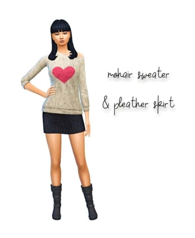 female sims wearing a beige sweater with a red heart