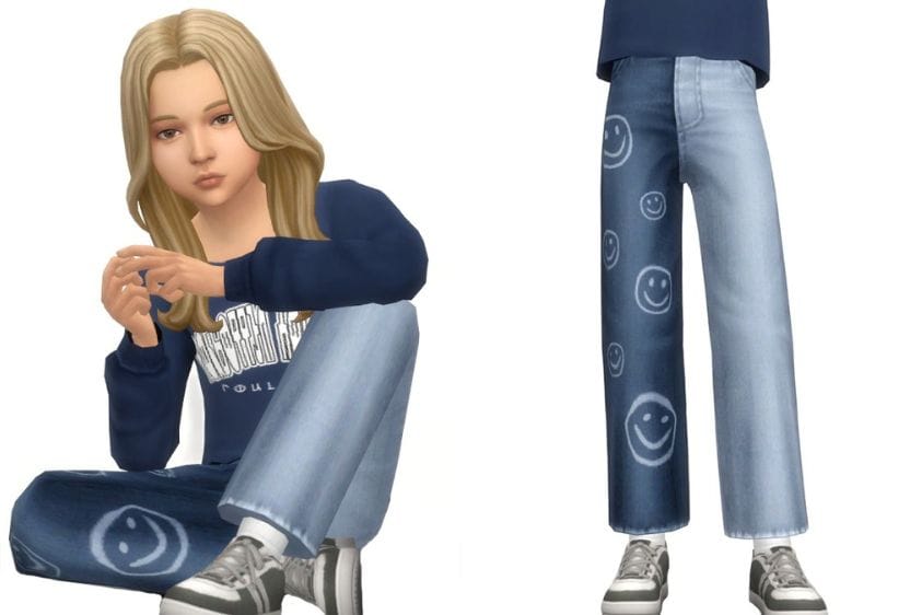 child sim sitting on the floor in blue jeans