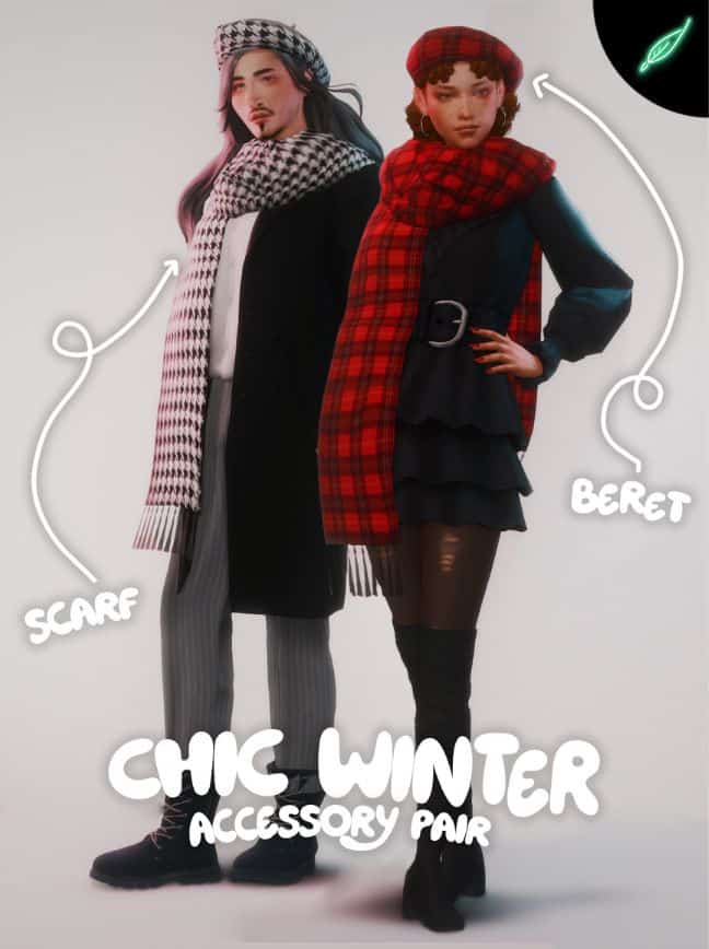 male and female sims wearing a beret and scarf