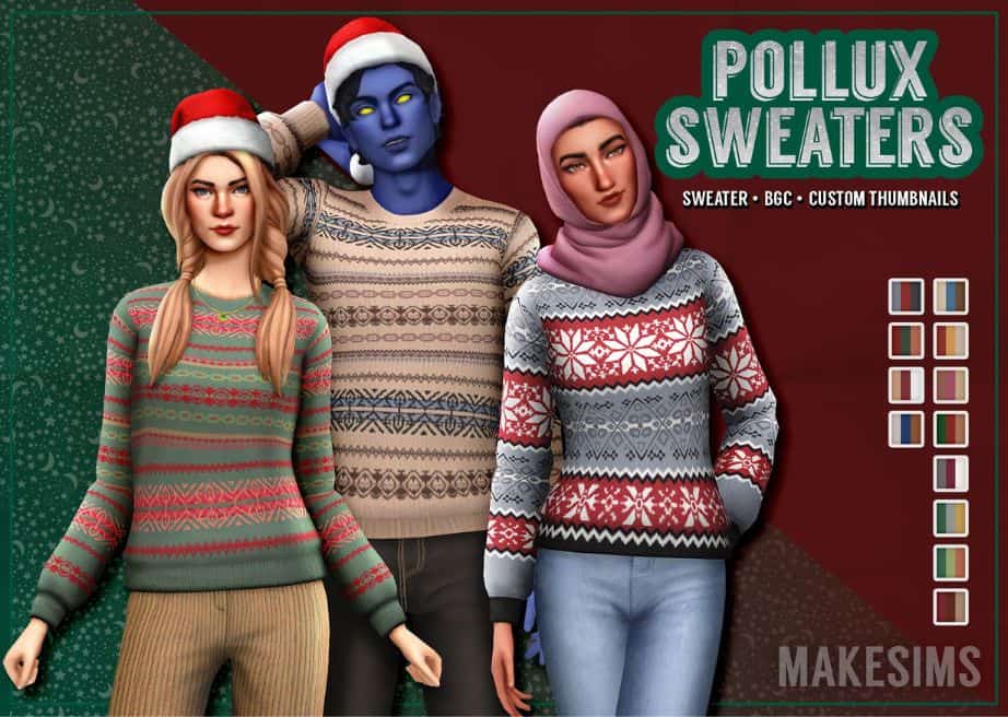 trio of sims wearing different winter sweaters