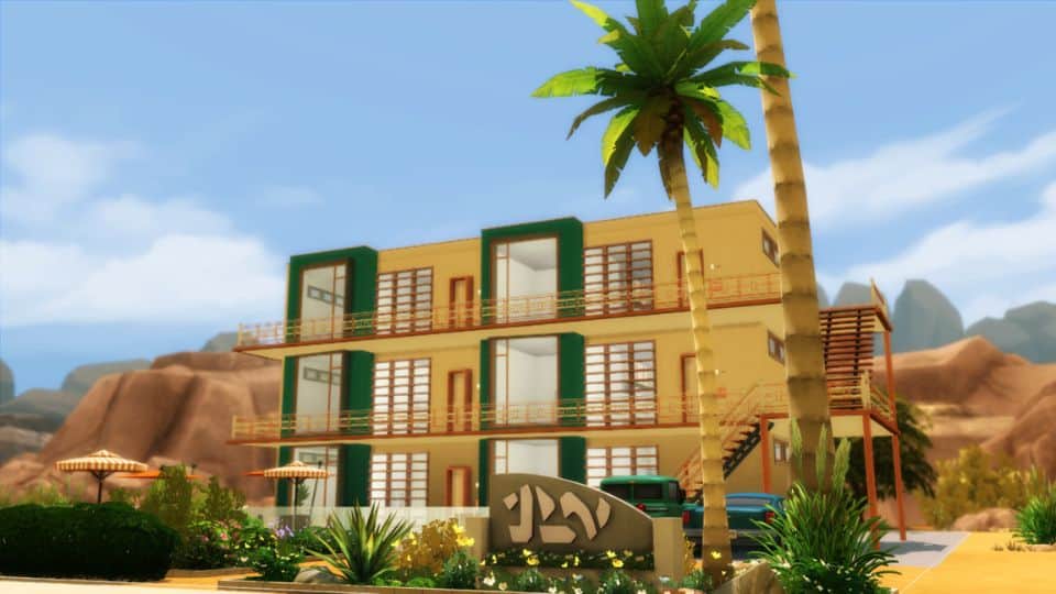 modern apartment building in tropical oasis