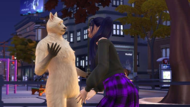 white werewolf chatting with female sim