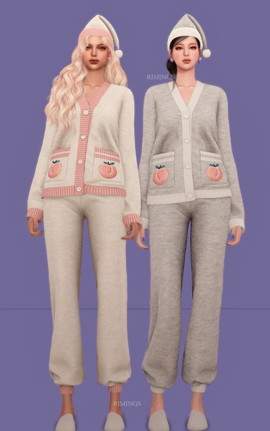 female sims in pajamas with peaches