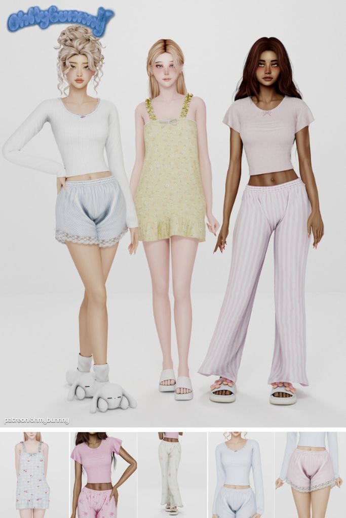 three female Sims wearing mixed sleepwear