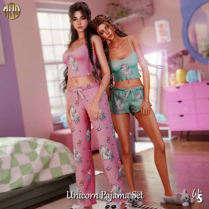 two female sims dressed in unicorn pajamas