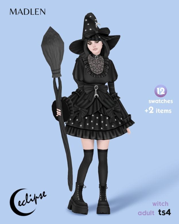 female witch sim dressed in full black