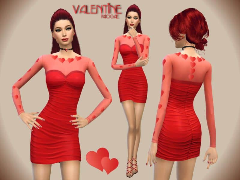 red dress with mesh arms and heart details