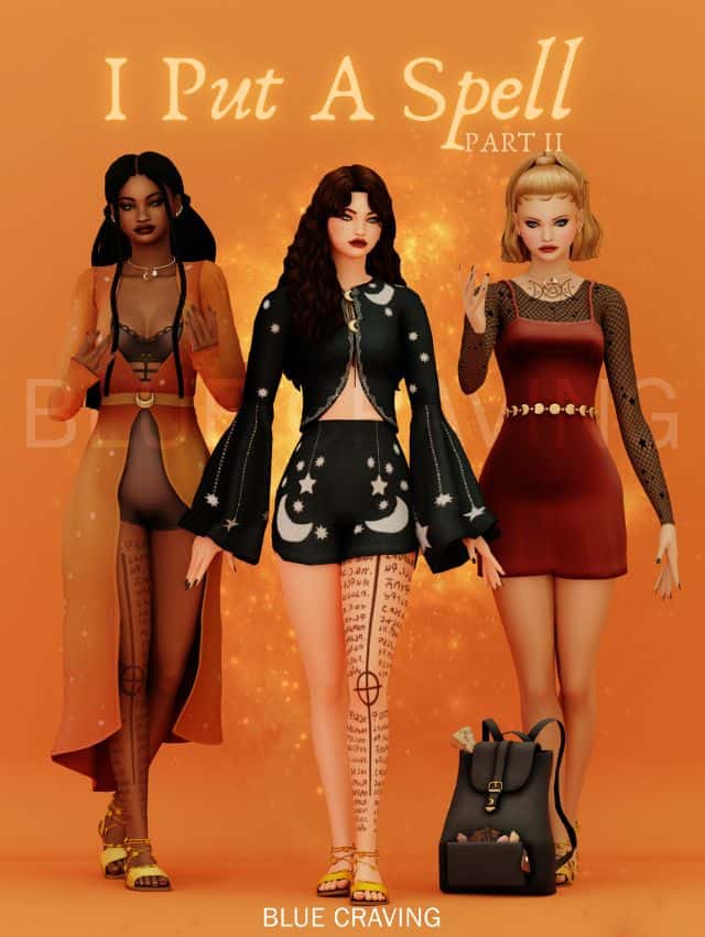 female sims dressed in witchy clothing pieces