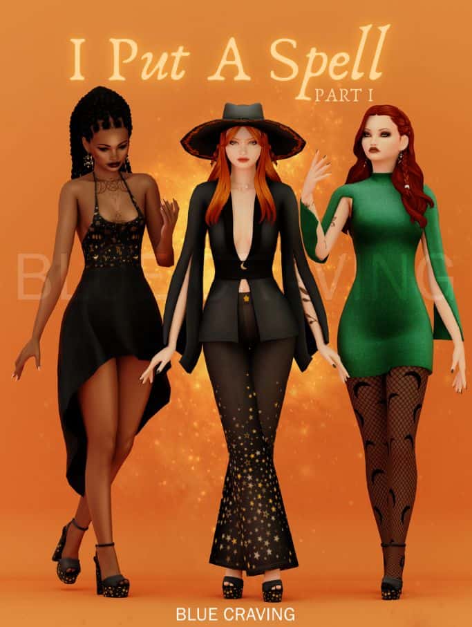 trio of female sims dressed in witch inspired clothes