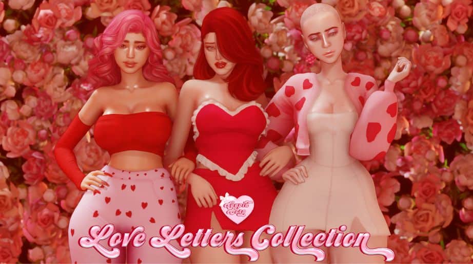trio of sims dressed in red and pink clothes
