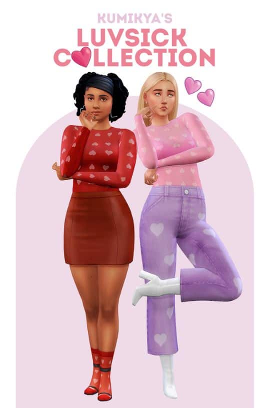 female sims dressed in clothing with heart patterns